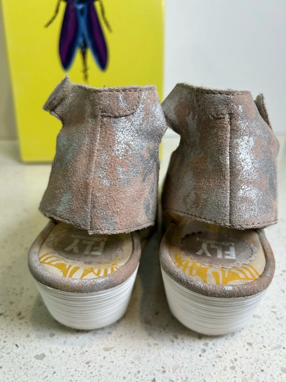 Fly London Yala Corcuma Metallic Rose Wedge Platform Sling‎ Back Sandal Size 8